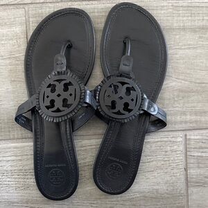 Tory Burch Black Leather Logo Thong Sandals